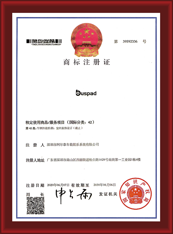 Buspad trademark registration certificate